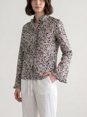 Tory Burch floral long Bell sleeve Cotton blouse ruffle mock neck  boho coastal